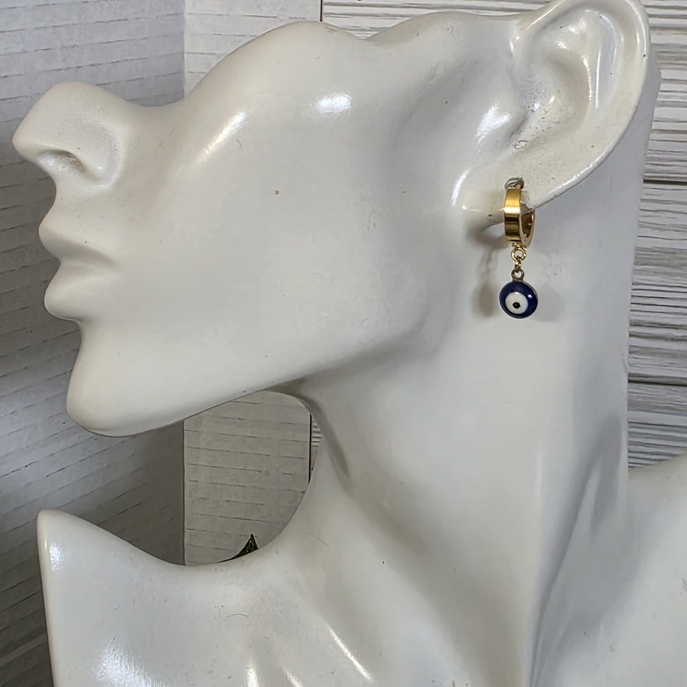Gold Stainless Steel Huggie Hoop Earrings with Evil Eye Charm - Picture 17 of 17